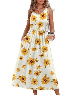 Women Sunflower Print Midi Dress Sleeveless Pockets Beach Vacation Sundresses